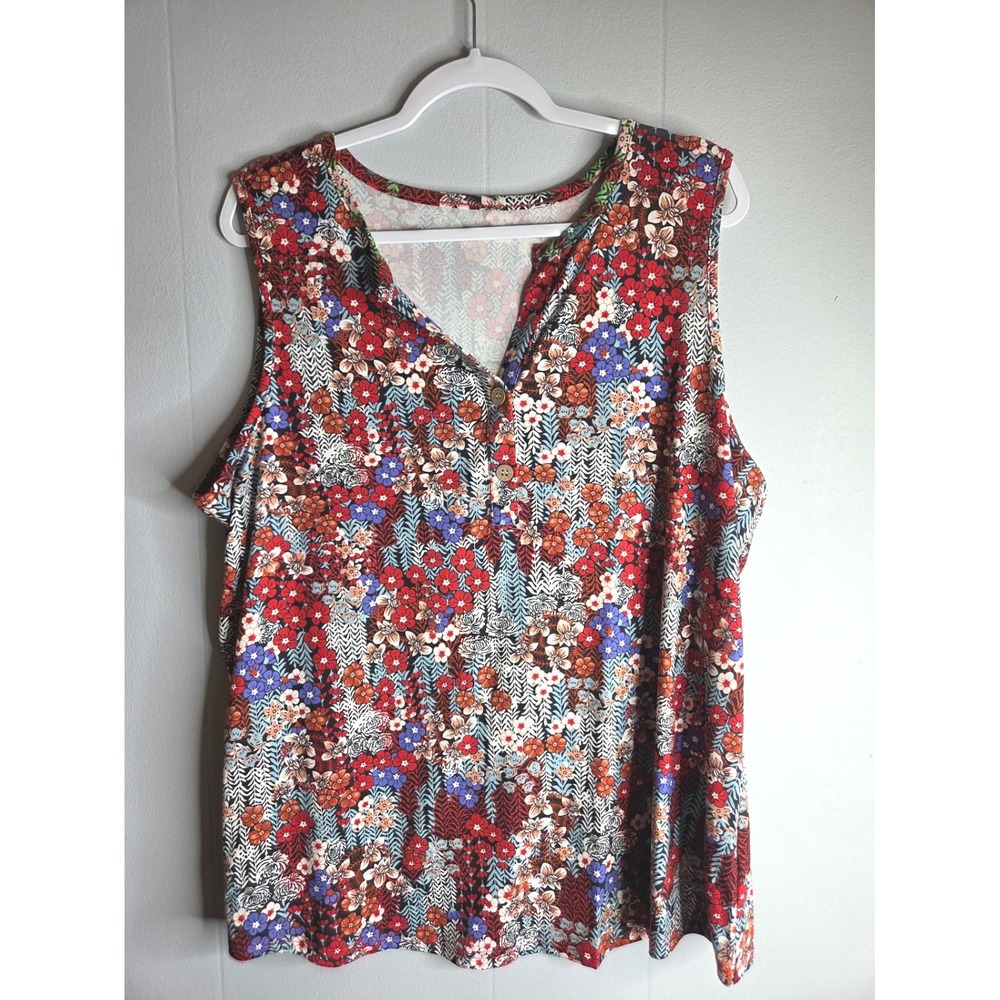 Womens Floral Chevron Henley Sleeveless Tank Top Red Blue Plus Size 3XL